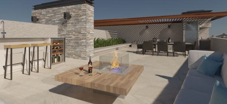 Parrilla y fogonero en terraza